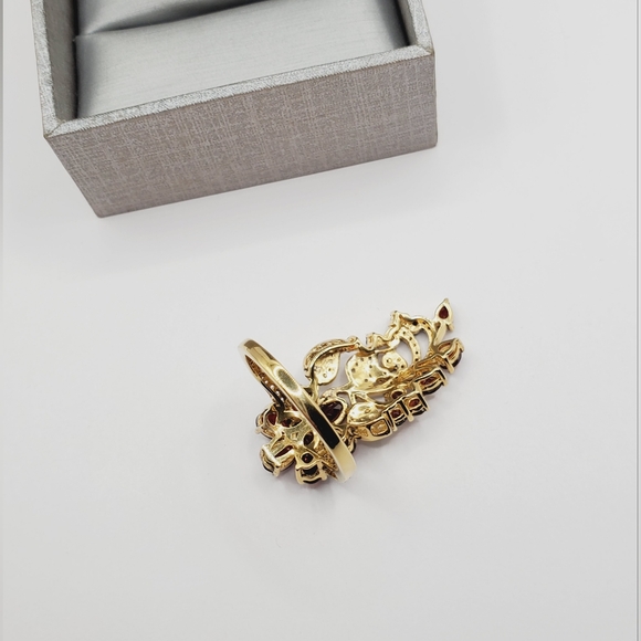 Genuine Garnet White Topaz Black Spinel 14k Yellow Gold 925 Silver Flower Ring - Picture 3 of 7